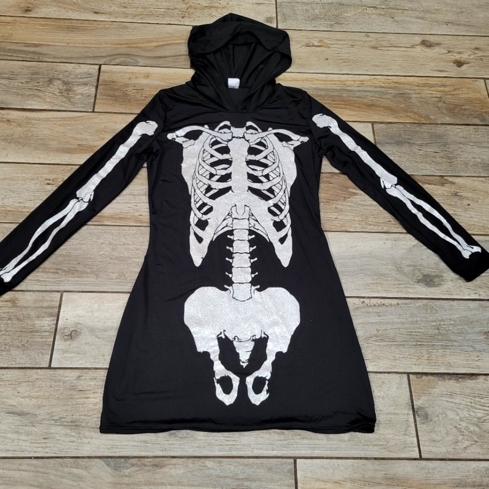 Spirit Halloween Medium Hooded Holographic Glittery Skeleton Dress Costume